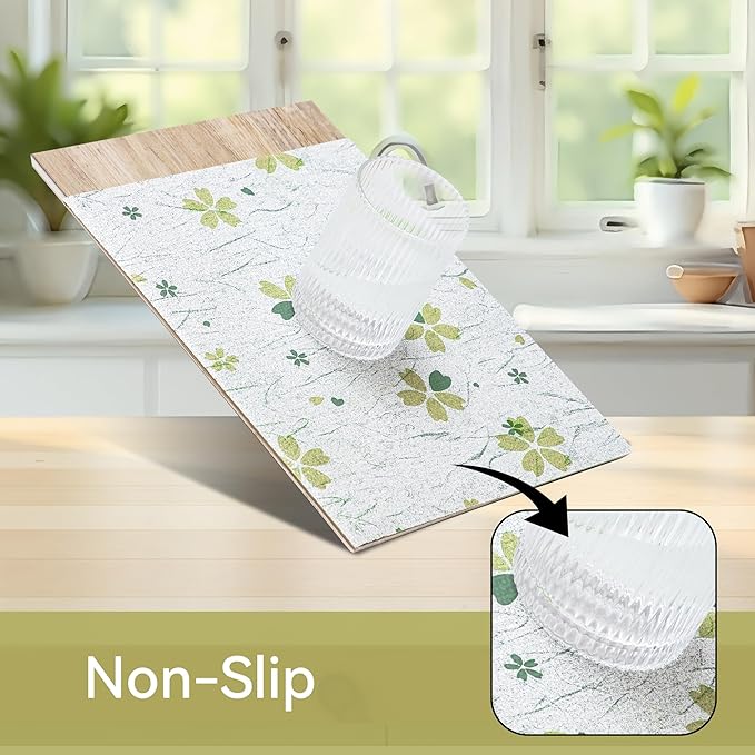 FIFTY FEET 12"x120" Non-Adhesive Shelf Liner for Kitchen Cabinets and Drawers, Washable Non-Slip PVC Cabinet Liner (Green Floral)(10 Roll)
