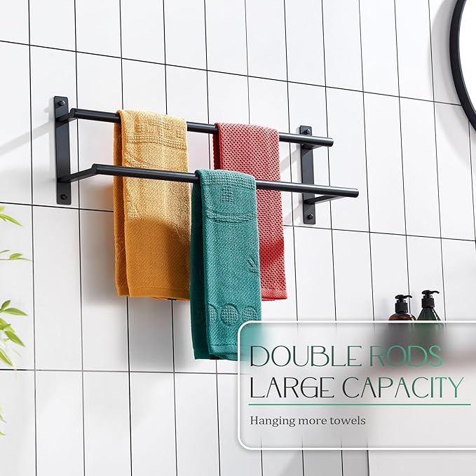 KOKOSIRI 24 Inch Double Towel Bar Bath Towel Racks Bathroom Towel Holder Towel Rails Towel Storage Towel Shelf Wall Mounted Stainless Steel Matte Black B5010BK-L24