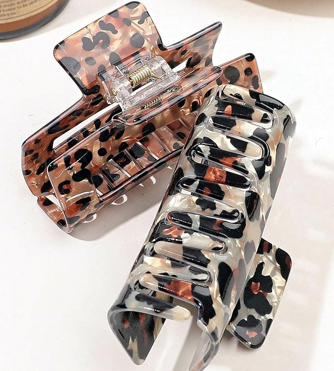 Tortoise Hair Claw Clips, 3 Inch Non-Slip Acrylic Banana Barrettes Jaw Clips, Leopard Print Strong Hold Stylish Hair Accessories for Women Ladies Thin Thick Hair (2pcs)