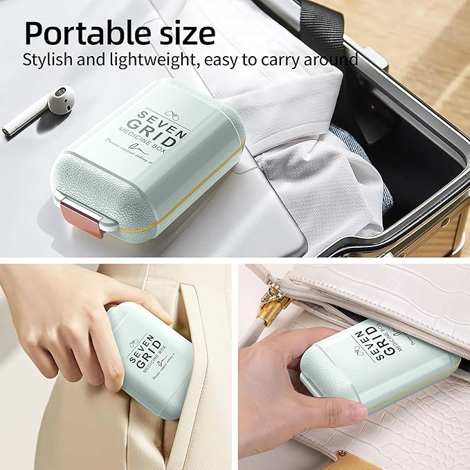 Portable Pill Organizer, Pill Box with 7 Compartments, Small Pill Case for Travel, Daily Medicine Pill Organizer with Air-Tight Lid, BPA-Free Material Pill Container (Green)