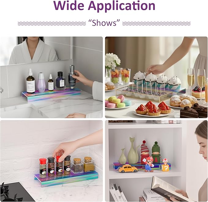 Acrylic Shelf Riser 12x3.9x1 pack of 2, Iridescent Display Shelf 12” for Shoes, Glasses, Plants, Home Decors, Perfume, 12x3.9x1 Inch