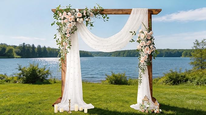 Socomi Pearl Table Runner Ivory White Summer Wedding Arch Draping Fabric 19FT Sheer Tulle Chiffon Gauze Cheese Cloth Outdoor Drapes for Birthday Party Baby Shower Bridal Engagement Decor