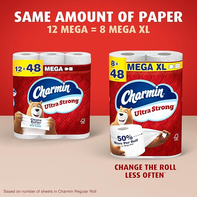 Charmin Toilet Paper Ultra Strong, 12 Mega Rolls = 48 Regular Rolls, 2-ply Bath Tissue