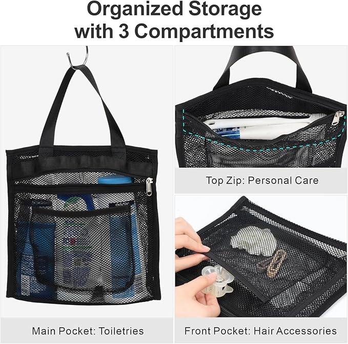 F-color Mesh Shower Caddy Portable Hanging - 3 Pockets Small Shower Bag Tote for Camping, Gym, Travel, Toiletry, Quick Dry Bathroom Essentials with S Hook, Black