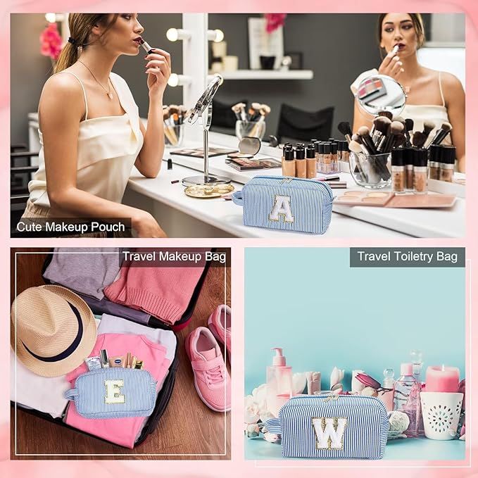 YOOLIFE Gifts for Daughter Girls Kids - 3 4 5 6 7 8 9 10 11 12 13 14 Year Old Girl Birthday Gifts, Teen Girl Gifts Trendy Stuff, Personalized Initial Makeup Bag, Blue Toiletry Bag, Letter A