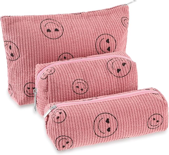 3 Pcs Makeup Bag Set for Women Corduroy Cosmetic Pouch Aesthetic Smile Travel Toiletry Bag Cute Purse Pouch Pencil Case Makeup Brushes Storage Organizer for Christmas(Pink,Smile Face)