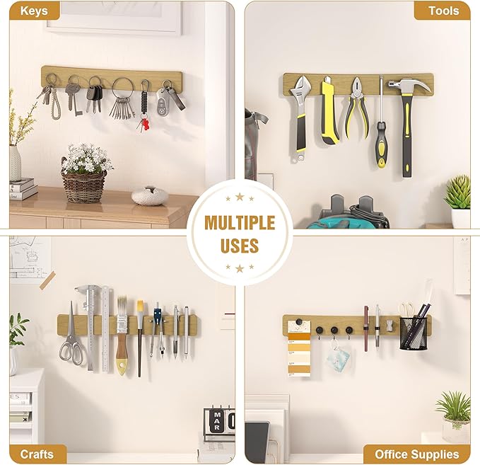 Magnetic Knife Holder for Wall, 16" Acacia Wood Knife Magnetic Strip No Drill Use as Tool Key Storage Knife Bar, Powerful Wall Mounted Knife Magnet for Refrigerator & Kitchen Utensil Organizer