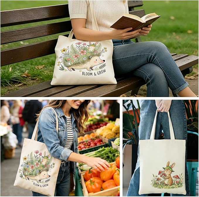 MOLOVA】Printed Canvas Tote Bag for Women - Inner Zipper Pocket & Magnetic Closure, Versatile Hand Shoulder Carry, 15x16 Inch Large Capacity for Work Travel Shopping, Hedgehog