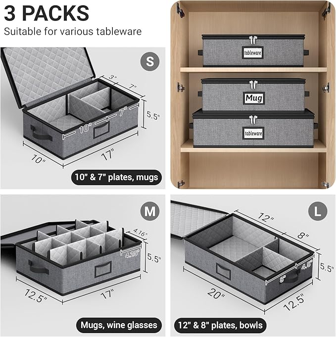 MISSLO Large Capacity China Storage Containers Hard Shell Plate Storage Containers, Kitchen Packing Moving Boxes for Dishes, Dinnerwares, Mugs Protectors, Grey, 3 Piece Set