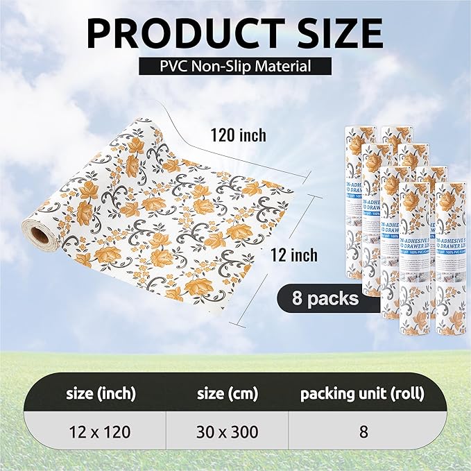 FIFTY FEET 12X120 Inch Shelf Liner for Kitchen Cabinets, PVC Drawer Liner for Dresser Non-Slip Bathroom, Non-Adhesive Cabinet Liner Washable (Yellow Floral)(8 Roll)