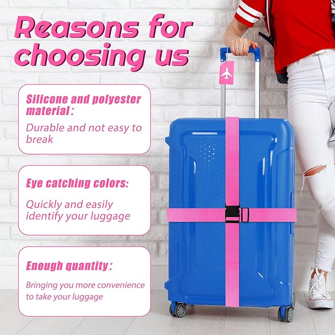 Weewooday 8 Pcs Luggage Straps Suitcase Tags Set for TSA Approved, 4 Travel Adjustable Suitcase Belt, 4 Silicone Luggage Tags with Name ID Card Travel Accessories(Pink,Airplane)