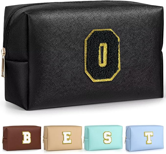 TOPEAST Small Makeup Bag Initial Cosmetic Bag Travel Toiletry Bag, Personalized Birthday Gift for Mom Sister Friends Teacher Nurse, Preppy Travel Stuff for Girls (Black O)