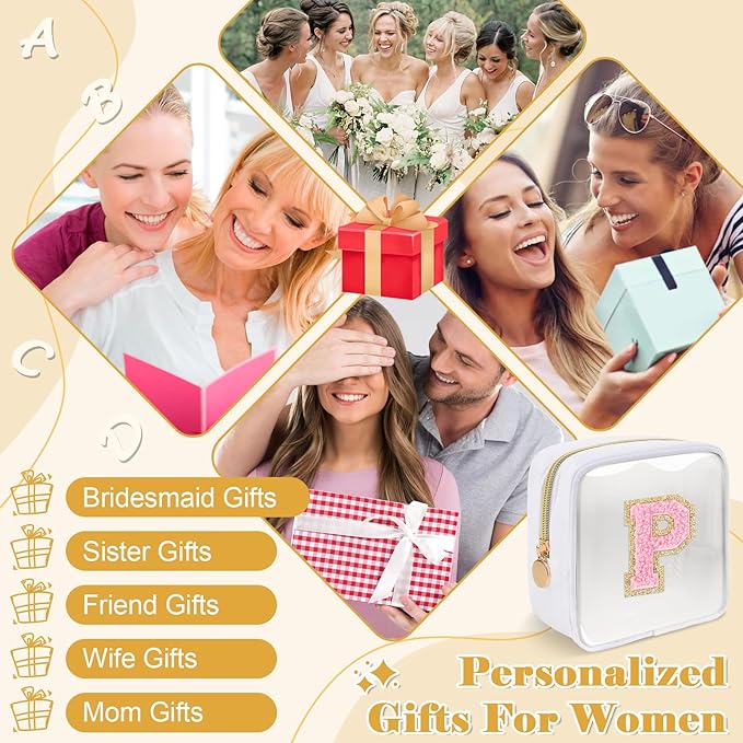 Personalized Initial Letter Clear Preppy Makeup Bag,Mini Nylon Chenille Letter Cosmetic Bag Cute Zipper Pouch Purse for Teen Girls,Portable TSA Approved Beach Travel Essentials Bag Gift for Women,P