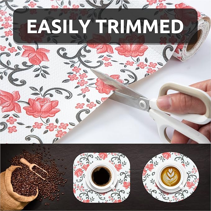 FIFTY FEET 18X96 Inch Shelf Liner for Kitchen Cabinets, PVC Drawer Liner for Dresser Non-Slip Bathroom, Non-Adhesive Cabinet Liner Washable (Red Floral)(2 Roll)