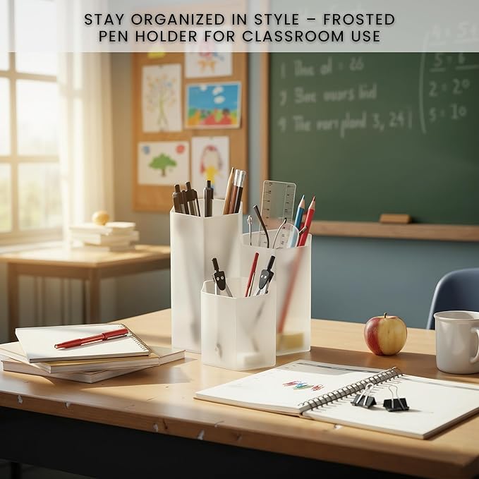 Clear Pencil Holder for Desk | 3 Compartment Organizer Desk Cute Pen Holder | Hexagonal Shape Pencil Cups for Classroom, Offices, Teacher Desks | Multipurpose Make up Organizers and Storage Accessory