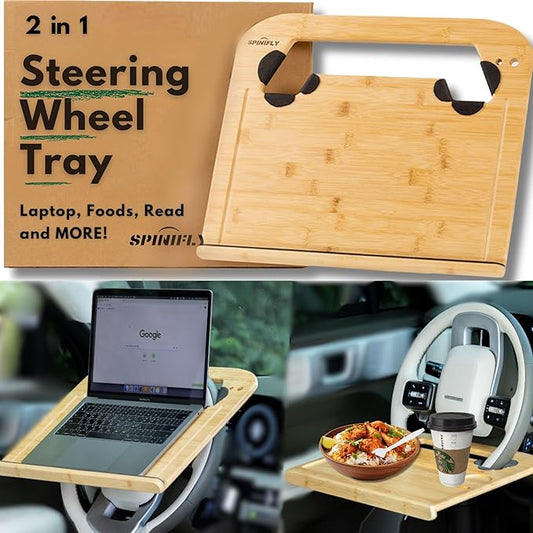 2 in 1 Steering Wheel Tray – Car Tray & Food Table – Car Essentials Double Sided Bamboo Car Desk for Laptop, Eating & Reading – Fits up to 17" Laptop
