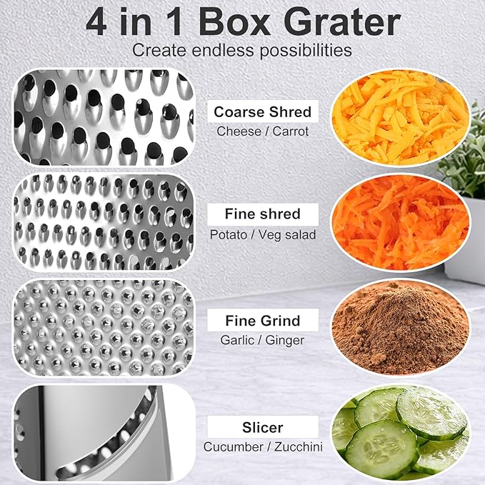 Ourokhome Cheese Grater with Handle, Stainless Steel Box Grater, 4 Side Kitchen Vegetable Shredder Slicer Zester with Container for Parmesan, Cabbage, Ginger, Lemon, Chocolate, Coconut (Black)