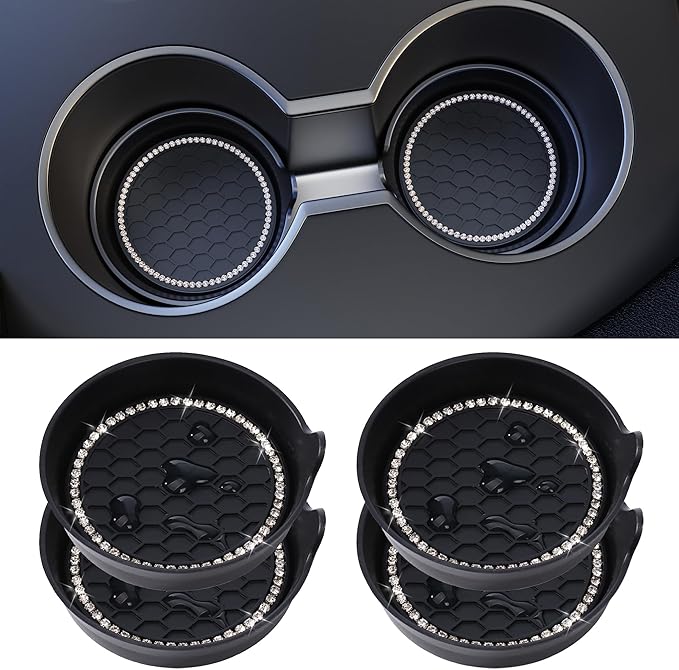 Amooca Car Cup Coaster Universal Non-Slip Cup Holders Bling Crystal Rhinestone Car Interior Accessories 4 Pack Black