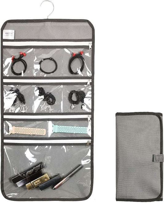 Travel Foldable Jewelry Rolls Bag Hanging Jewelry Organizer with 9 Zippered Clear Pockets Storage Pouch with Rotatable Hanger (GREY)
