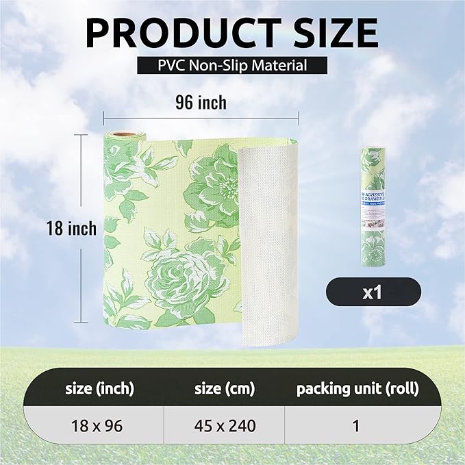 FIFTY FEET 18X96 Inch Shelf Liner for Kitchen Cabinets, PVC Drawer Liner for Dresser Non-Slip Bathroom, Non-Adhesive Cabinet Liner Washable (Green Flower)(1 Roll)