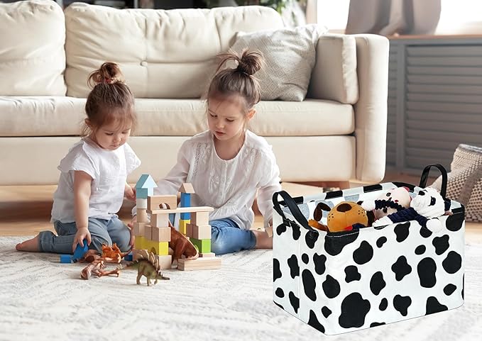 KUNRO Rectangle Storage Basket Gift Shelf Basket Storage Bin, Nursery Basket Organizer Box for With Handles for Room Deco (Cow pattern)