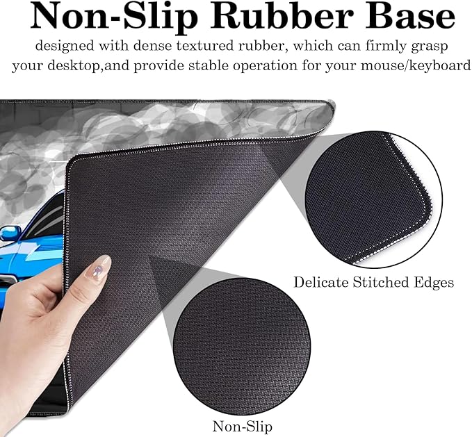 White Blue Cars Desk Pad, Stitched Edges Mouse Pad, Large Office Desk Mat, Non-Slip Gaming Mouse Pad, Laptop Desk Pad, Desk Writing Pad for Office and Home