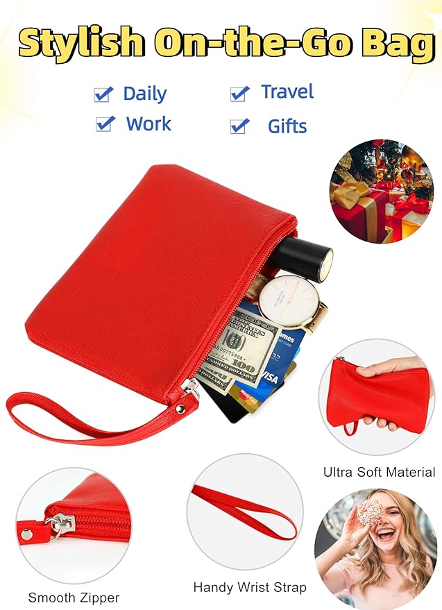 2 Pack Small Zipper Pouch Mini Makeup Bag for Purse Lipstick Cosmetic Travel Make Up Organizer for Women Essentials, Car Change Coin Holder 4.5 x 6.5 Clutch Stadium Approved Wristlet, Black Red