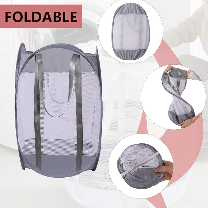 with strong handles Laundry Hamper,Tear Proof Pop Up Laundry Hampers, foldable mesh Laundry basket. Used for travel, laundry room，university dormitory or toy storage, etc.(Vertical (Grey))…………