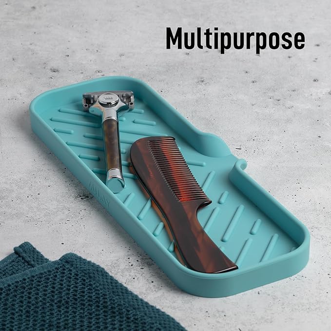 Zulay Kitchen Large Silicone Sponge Holder (12x4) – Flexible Sink Organizer Tray for Kitchen & Bathroom – Multipurpose Soap Dish for Sponges, Makeup, Trinkets & More (Aqua Sky)