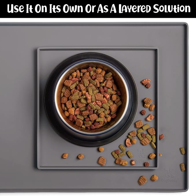 DogBuddy Dog Food Mat – Waterproof Dog Bowl Mat for Food and Water, Silicone Pet Feeding Mats For Floors, Non-Slip Placemat with High Edges For Dogs Bowls, Puppy Essentials (XS: 11" x 11", Shadow