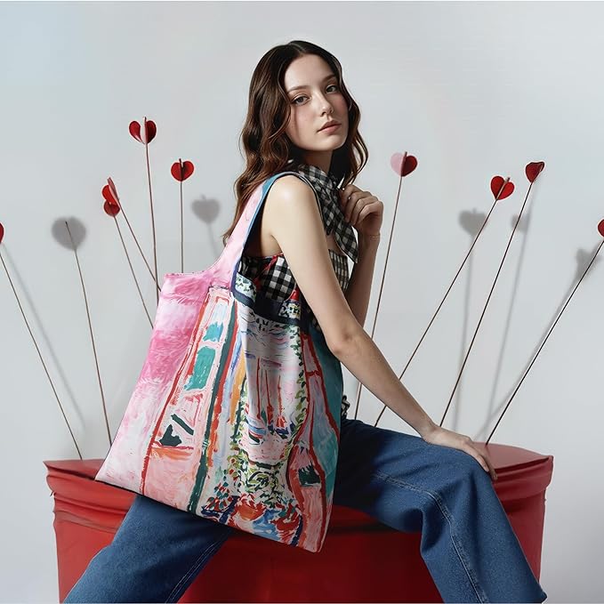 Reusable Grocery Bags, Oil Painting Art Tote Bags With Carry Pouch Waterproof Shopping Bags for Travel Daily Use