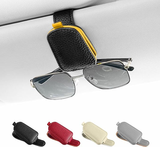 SINGARO Sunglasses Holder for Car, Leather Magnetic Buckle Sun Visor Sunglass Clip, Ticket Card Storage Glasses Clip, Car Interior Accessories for Men and Women (Black-Yellow)