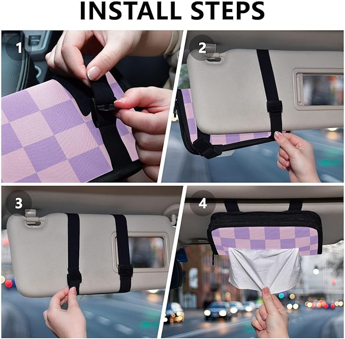 Car Tissue Holder Car Napkin Holder Car Tissue Box Dispenser Storage Case Sun Visor Mask Holder with Adjustable Straps Reusable Refillable Checkered Purple