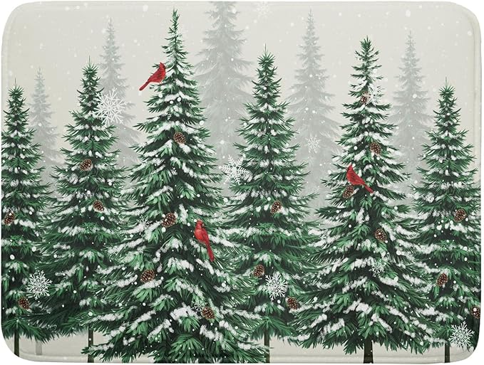 Winter Green Pine Tree Dish Drying Mat for Kitchen Counter,Red Bird Snowflake Drying Mat 18 x 24 Inch with High Absorbent Microfiber Drainer Mat for Coffee Bar