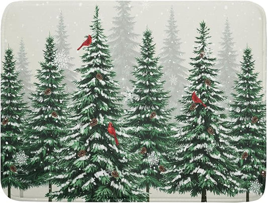 Winter Green Pine Tree Dish Drying Mat for Kitchen Counter,Red Bird Snowflake Drying Mat 18 x 24 Inch with High Absorbent Microfiber Drainer Mat for Coffee Bar