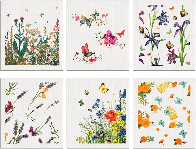 Geiserailie 6 Pieces Swedish Kitchen Dish Cloths Butterflies Wildflowers Kitchen Dish Towels Reusable Sponge Cleaning Cloths Absorbent Quick Drying Washable Wipes Hand Towel for Cleaning