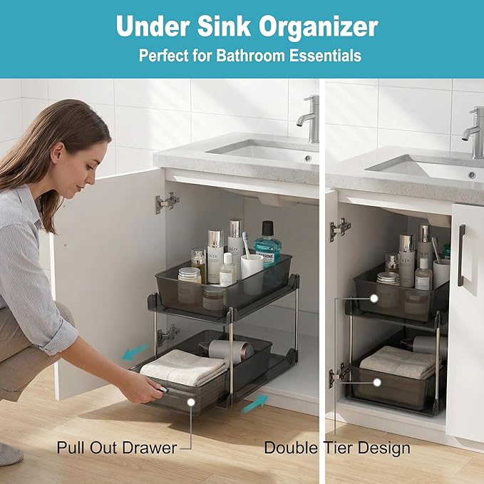 2 Pack 2 Tire Under Sink Organizer, Bathroom Organizers and Storage,Cabinet Drawers Bins, Pull-Out Organization with Track for Pantry, Kitchen,Fridge,Vanity Countertop (Black Clear