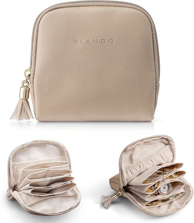 Vlando Small Jewelry Travel Case, Jewelry Pouch Bags with Zipper, Velvet Jewelry Organizer Storage Bag for Bracelet Rings Earring Travel Essentials Gifts for Women Girl-Toffee