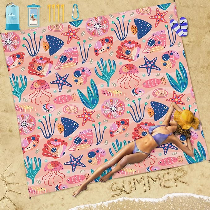 Famstar Beach Blanket Sandproof Waterproof 78''×81''1-5 Adults Oversized,Compact Lightweight Durable Beach Mat for Travel Camping Hiking Picnic Blanket