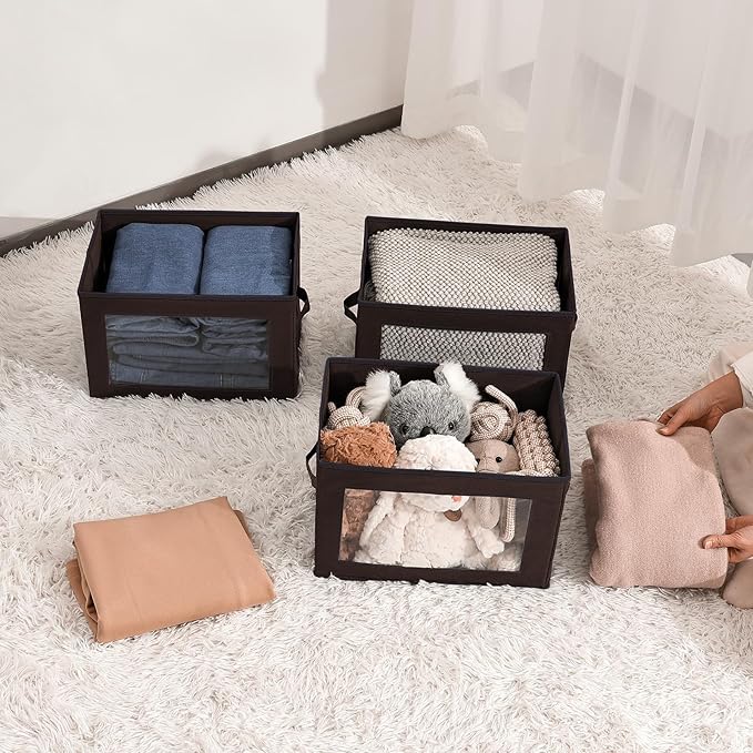 Brown Fabric Storage Bins with Lids - 6 Pack Modern Lidded-Home Storage Bins, 14 Inch. - Perfect for Clothes, Books, CD, Office Supplies