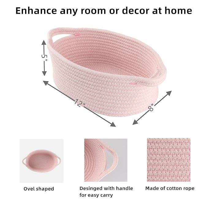 Small Woven Basket Cute Oval Cotton Rope Gifts Basket with Handle Empty Baby Wicker Storage Basket nursery Box Bin kids organizer Cat Dog toy basket Easter Basket light pink