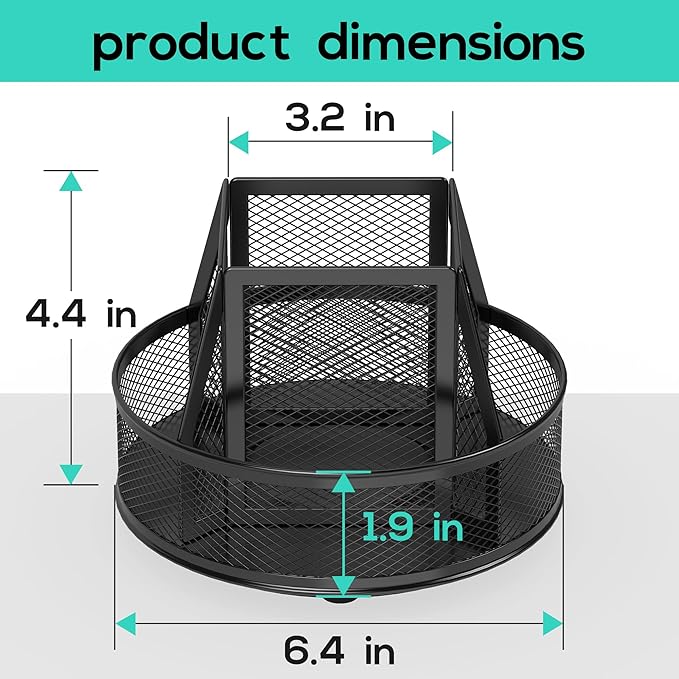 YINGHUA Metal Mesh Desk Organizer with 5 Compartments and Rotating Pencil Holder Pen and Stationery Organizer for Office Home School Anti Slip Base Black