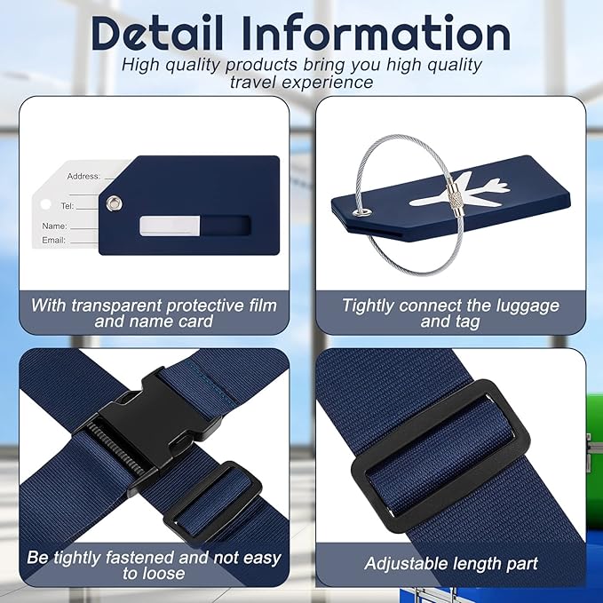 Weewooday 8 Pcs Luggage Straps Suitcase Tags Set for TSA Approved, 4 Travel Adjustable Suitcase Belt, 4 Silicone Luggage Tags with Name ID Card Travel Accessories(Dark Blue,Airplane)