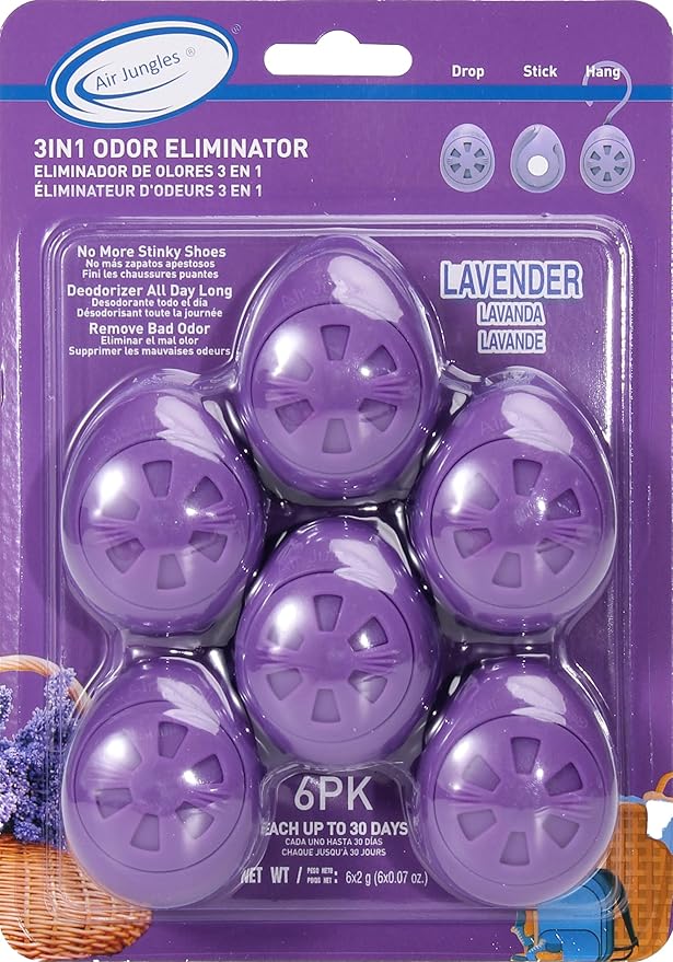 Air Jungles Shoes Deodorizer Ball 6 Count, Lavender Scent, Odor Remover Balls for Sneakers, Gym Bags, Lockers, Closets, Hampers, and Drawers. Essential Oil Provides Natural Freshness