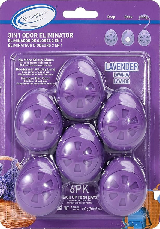 Air Jungles Shoes Deodorizer Ball 6 Count, Lavender Scent, Odor Remover Balls for Sneakers, Gym Bags, Lockers, Closets, Hampers, and Drawers. Essential Oil Provides Natural Freshness