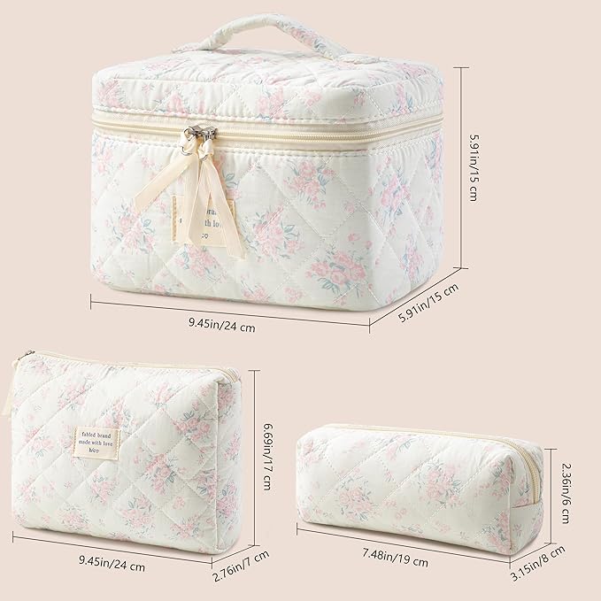 HBselect Quilted Makeup Bag, 3PCS Cotton Large Travel Makeup Bag, Cute Floral Coquette Make up Bag Cosmetic Bag Toiletry Bag for Women Girls