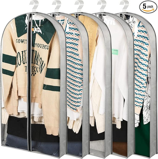 5 Pack 40" Garment Bags for Hanging Clothes Storage, Clear Suit Garment Bags with 4" Gussets for Closet Storage Travel, Plastic Protector for Coat, Jacket, Sweater, Shirts
