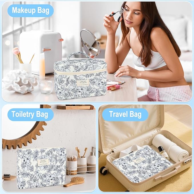 3Pcs Cotton Quilted Makeup Bag for Women Girls Large Small Travel Black Floral Cosmetic Bags Set Cute Coquette Makeup Pouch for Purse Aesthetic Cloth Flower Storage Toiletry Bag Organizer