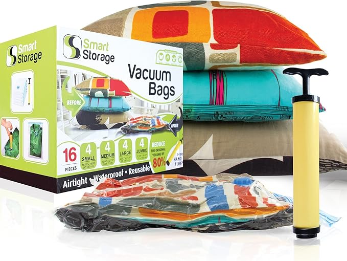 16 Pack Vacuum Storage Bags, Space Saver Bags (4 Jumbo/4 Large/4 Medium/4 Small) Vacuum Sealer Bags for Clothes Storage with Travel Hand Pump