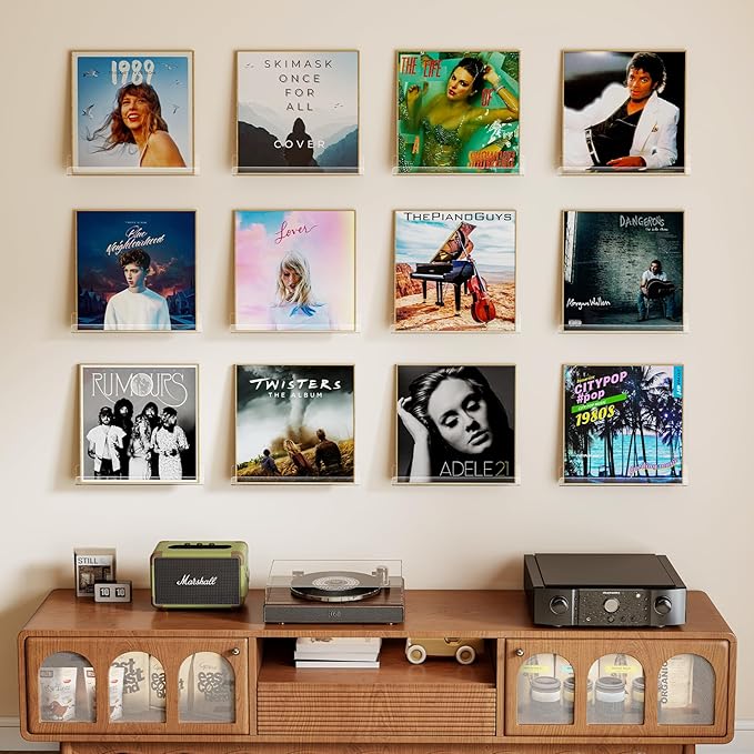 Laurensory 12 Pack Vinyl Record Shelf Wall Mount Shelves, 12 inch Clear Acrylic Vinyl Record Holder Display, Floating Shelves for Wall Decor, Magazine Rack, Kids Bookshelf, for Bedroom, Living Room